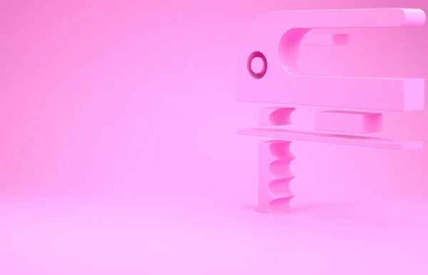 Scie sauteuse électrique rose avec icône de lame tranchante en acier isolée sur fond rose. Outil électrique pour menuiserie. Concept de minimalisme. Illustration 3D rendu 3D — Photo