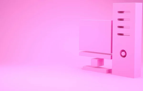 Ícone de monitor de computador rosa isolado no fundo rosa. Assinatura do componente do PC. Conceito de minimalismo. 3D ilustração 3D render — Fotografia de Stock
