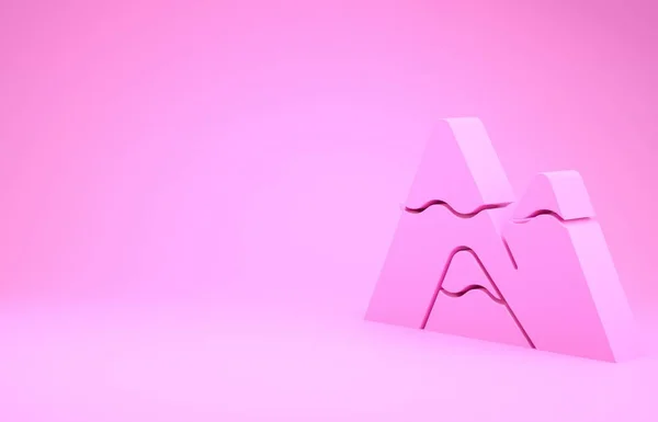 Ícone de montanhas cor-de-rosa isolado no fundo rosa. Símbolo de vitória ou conceito de sucesso. Conceito de minimalismo. 3D ilustração 3D render — Fotografia de Stock