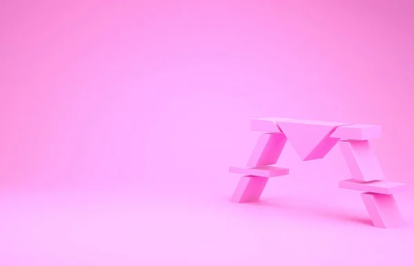 Mesa de picnic rosa con bancos a cada lado del icono de la mesa aislado sobre fondo rosa. Concepto minimalista. 3D ilustración 3D render —  Fotos de Stock