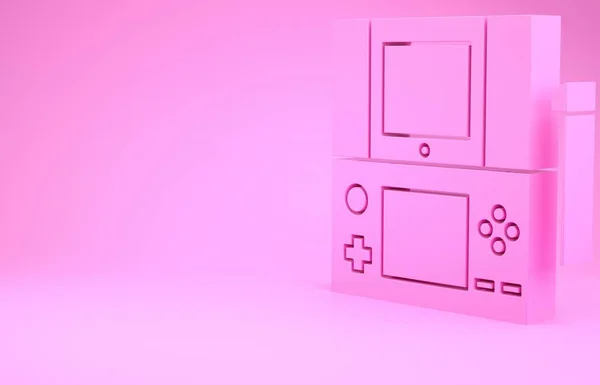 Pinkfarbenes Symbol für tragbare Videospielkonsole isoliert auf rosa Hintergrund. Gamepad-Zeichen. Spielkonzept. Minimalismus-Konzept. 3D Illustration 3D Renderer — Stockfoto