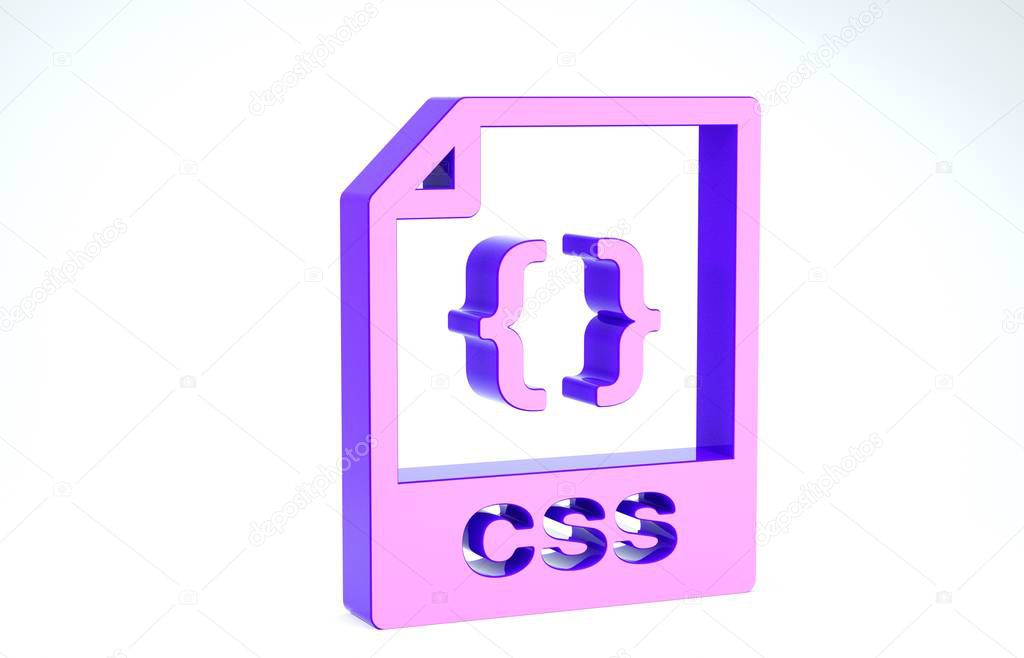 Purple CSS file document. Download css button icon isolated on white background. CSS file symbol. 3d illustration 3D render