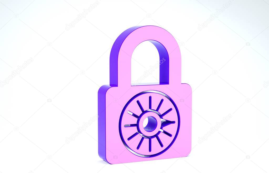 Purple Safe combination lock wheel icon isolated on white background. Combination padlock. Security, safety, protection, password, privacy. 3d illustration 3D render