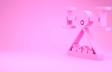 Pink Smart çiftliği İHA kontrolüyle pembe arka planda izole edilmiş hasat simgesini topluyor. Tarım şirketi için icat teknolojisi. Minimalizm kavramı. 3d illüstrasyon 3d canlandırma