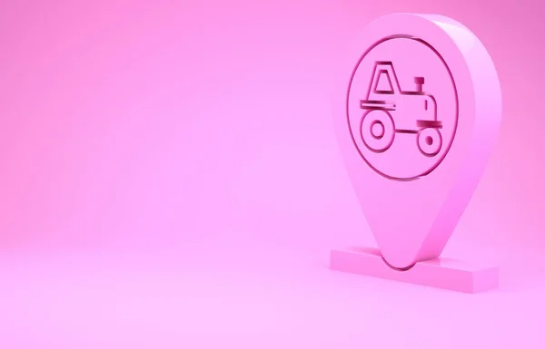 Ροζ τρακτέρ και εικονίδιο τοποθεσία απομονώνονται σε ροζ φόντο. Μινιμαλιστική έννοια. 3D απεικόνιση 3d καθιστούν — Φωτογραφία Αρχείου