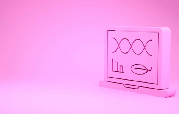 Modificação engenharia genética rosa no ícone laptop isolado em fundo rosa. Análise de ADN, testes genéticos, clonagem. Conceito de minimalismo. 3D ilustração 3D render — Fotografia de Stock