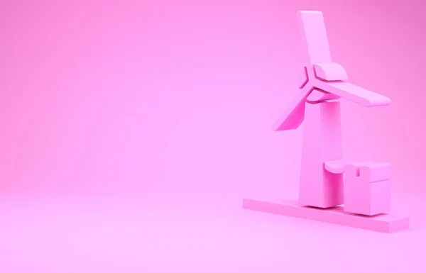 Иконка розовой ветряной турбины изолирована на розовом фоне. Знак ветрогенератора. Ветряная мельница для производства электроэнергии. Концепция минимализма. 3D-рендеринг — стоковое фото