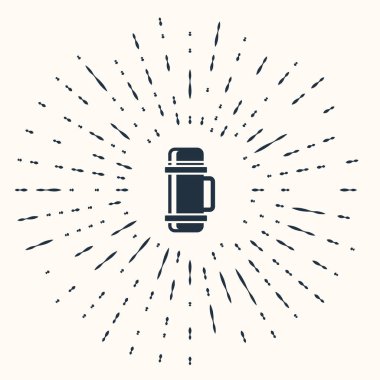 Gri termos konteynır simgesi bej arka planda izole edildi. Termo matara ikonu. Kamp ve yürüyüş ekipmanları. Soyut çember rastgele noktalar. Vektör İllüstrasyonu