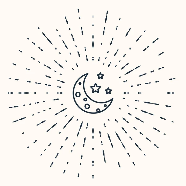 Icono Luna gris y estrellas aislado sobre fondo beige. Puntos aleatorios de círculo abstracto. Ilustración vectorial — Vector de stock