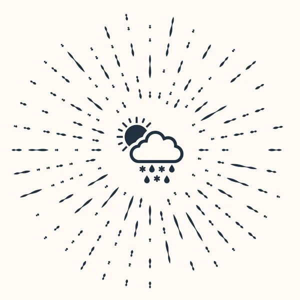 Grå moln med snö, regn och sol ikon isolerad på beige bakgrund. Väderikonen. Abstrakt cirkel slumpmässiga prickar. Vektor Illustration — Stock vektor