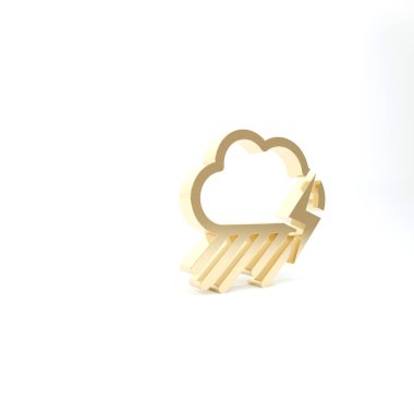 Beyaz arka planda izole edilmiş, yağmur ve şimşek simgesi olan altın bulut. Yağmur damlalı yağmur bulutu yağışı. Fırtına ikonu. 3d illüstrasyon 3d canlandırma