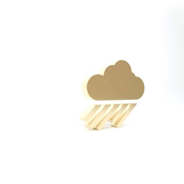 Beyaz arka planda izole edilmiş yağmur ikonu olan altın bulut. Yağmur damlaları ile yağmur bulutu yağışı. 3d illüstrasyon 3d canlandırma