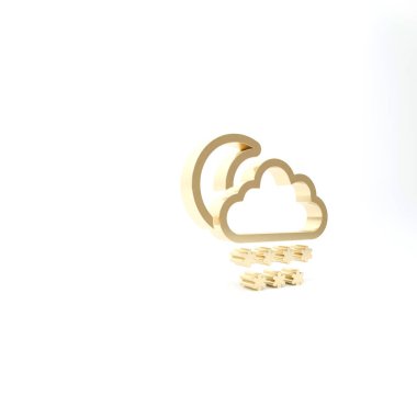 Beyaz zemin üzerinde kar ve ay ikonu olan altın bulut. Kar taneli bulut. Tek hava ikonu. Kar tabelası. 3d illüstrasyon 3d canlandırma