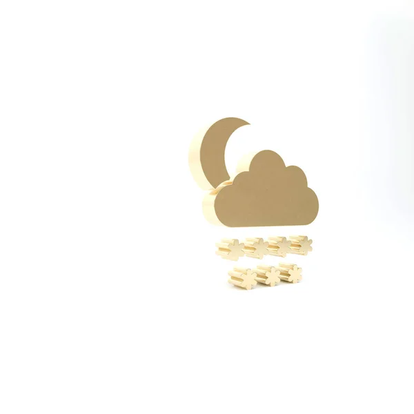 Gold Cloud s ikonou sníh a měsíc izolované na bílém pozadí. Mrak se sněhovými vločkami. Ikona počasí. Sněhová tabule. 3D ilustrace 3D vykreslení — Stock fotografie