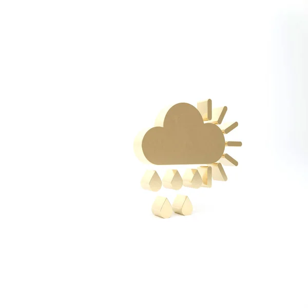 Gold Cloudy with rain and sun icon isolated on white background. Rain cloud precipitation with rain drops. 3d illustration 3D render