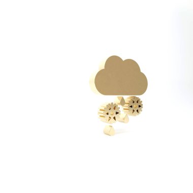 Beyaz zemin üzerinde kar ve yağmur ikonu olan altın bulut. Hava durumu simgesi. 3d illüstrasyon 3d canlandırma