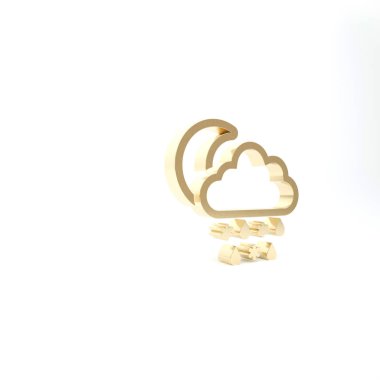 Beyaz zemin üzerinde kar, yağmur ve ay ikonu olan altın bulut. Hava durumu simgesi. 3d illüstrasyon 3d canlandırma