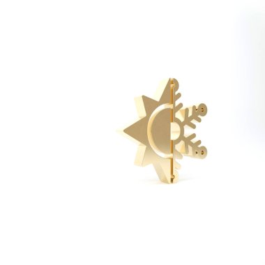 Altın sıcak ve soğuk sembol. Beyaz zemin üzerinde izole edilmiş güneş ve kar tanesi simgesi. Kış ve yaz sembolü. 3d illüstrasyon 3d canlandırma