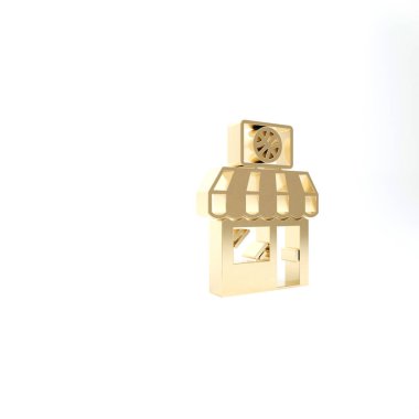 Altın spor mağazası ve basketbol topu ikonu beyaz arka planda izole edilmiş. Spor mağazası. 3d illüstrasyon 3d canlandırma