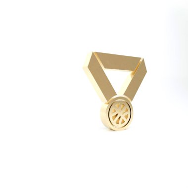 Beyaz arka planda izole edilmiş kurdele ikonu olan altın basketbol madalyası. 3d illüstrasyon 3d canlandırma