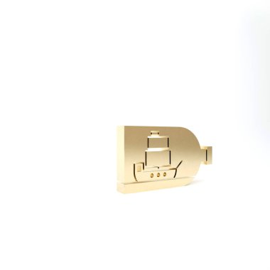 Beyaz arka planda izole edilmiş, içinde gemi resmi olan altın rengi cam şişe. Deniz gemisinin minyatür modeli. Hobi ve deniz teması. 3d illüstrasyon 3d canlandırma