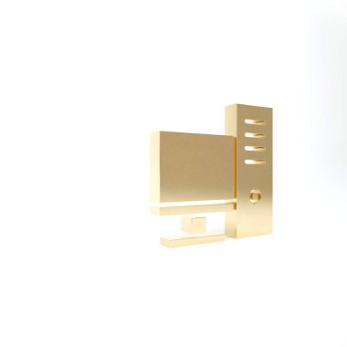 Altın Bilgisayar monitörü simgesi beyaz arkaplanda izole edildi. Bilgisayar bileşeni işareti. 3d illüstrasyon 3d canlandırma