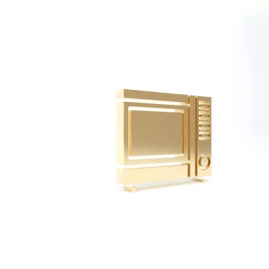 Beyaz zemin üzerinde izole edilmiş altın mikrodalga fırın ikonu. Ev aletleri simgesi. 3d illüstrasyon 3B canlandırma