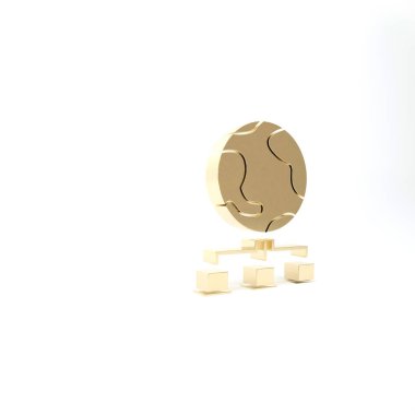 Altın Bilgisayar ağı simgesi beyaz arkaplanda izole edildi. Çevrimiçi oyun. Laptop ağı. İnternet bağlantısı. 3d illüstrasyon 3d canlandırma