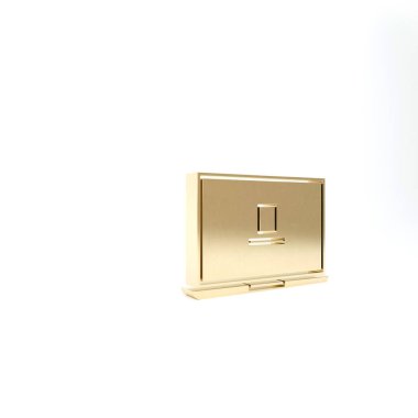 Altın dizüstü bilgisayar simgesi beyaz arkaplanda izole edildi. Boş ekran işaretli bilgisayar defteri. 3d illüstrasyon 3B canlandırma