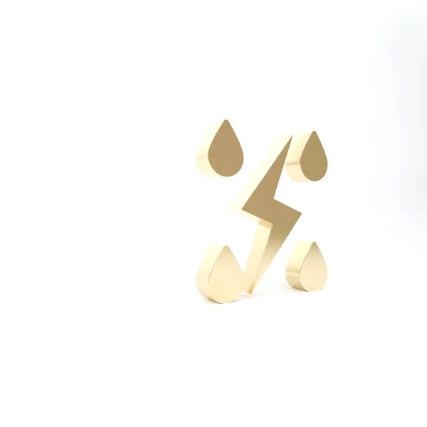 Gold Storm pictogram geïsoleerd op witte achtergrond. Druppel en bliksem teken. Weersicoon van storm. 3d illustratie 3d renderen — Stockfoto