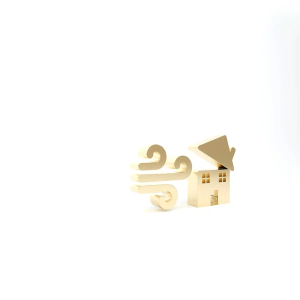 Arany Tornádó örvény károk ház tető ikon elszigetelt fehér háttér. Ciklon, forgószél, vihartölcsér, hurrikán szélikon. 3d illusztráció 3d render — Stock Fotó