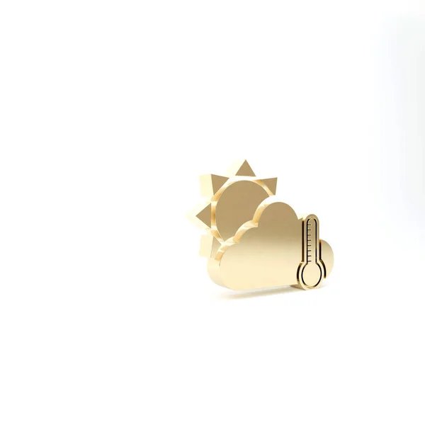 Guldtermometer och moln med sol ikon isolerad på vit bakgrund. 3D-illustration 3D-återgivning — Stockfoto