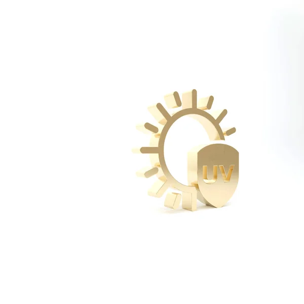 Gold-UV-Schutz-Symbol isoliert auf weißem Hintergrund. Sonne und Schild. UV-Strahlung. spf Sonnenzeichen. 3D Illustration 3D Renderer — Stockfoto