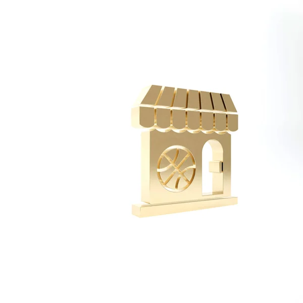 Gold Boutique de sport et icône de ballon de basket isolé sur fond blanc. Magasin de sport. Illustration 3D rendu 3D — Photo