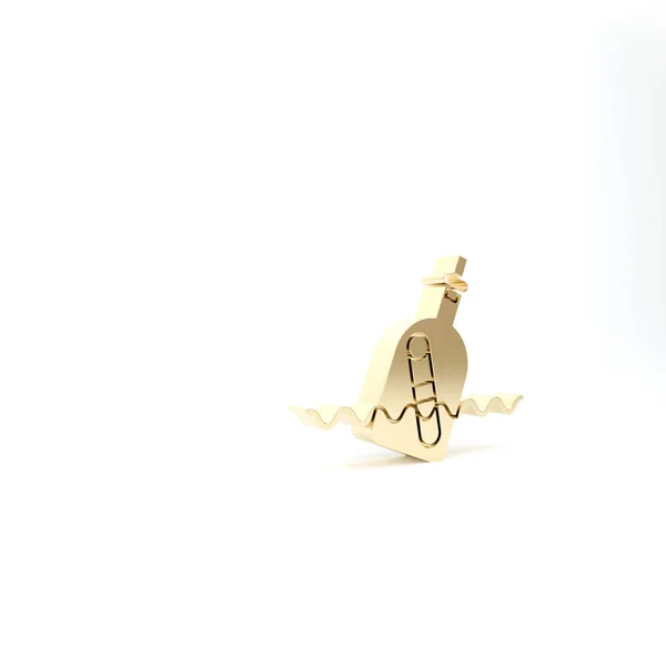 Lahvička ze zlatého skla se zprávou v ikoně vody izolované na bílém pozadí. Dopis v láhvi. Pirátský symbol. 3D ilustrace 3D vykreslení — Stock fotografie