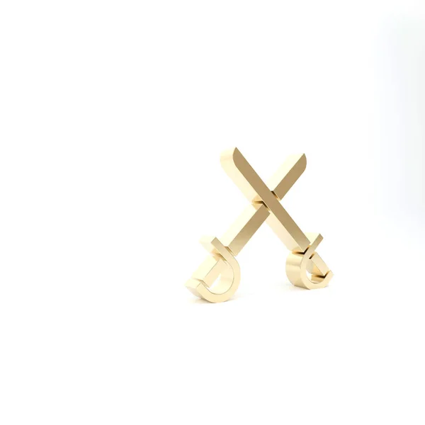 Arany keresztezett kalóz kardok ikon elszigetelt fehér háttérrel. Sabre jel. 3d illusztráció 3d render — Stock Fotó