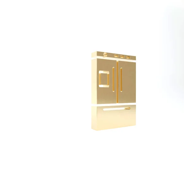 Guld kylskåp ikon isolerad på vit bakgrund. Kylskåp med frys. Hushållsteknik och hushållsapparater. 3D-återgivning för 3D — Stockfoto