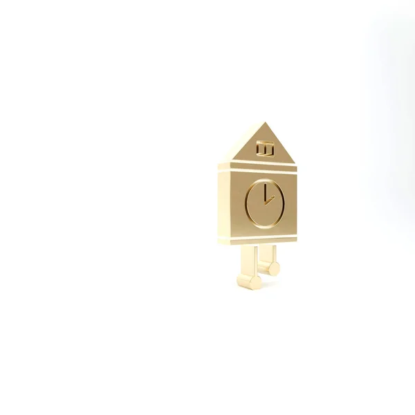 Oro Retro icona orologio da parete isolato su sfondo bianco. Segnale orologio a cucù. Orologio pendolo antico. Illustrazione 3d rendering 3D — Foto Stock