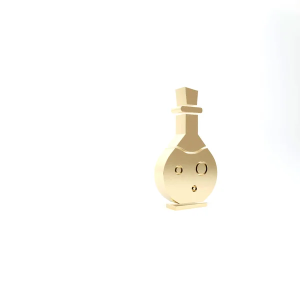 Botella de vidrio dorado con ícono mágico de elixir aislado sobre fondo blanco. Activo del juego de ordenador. 3D ilustración 3D render — Foto de Stock