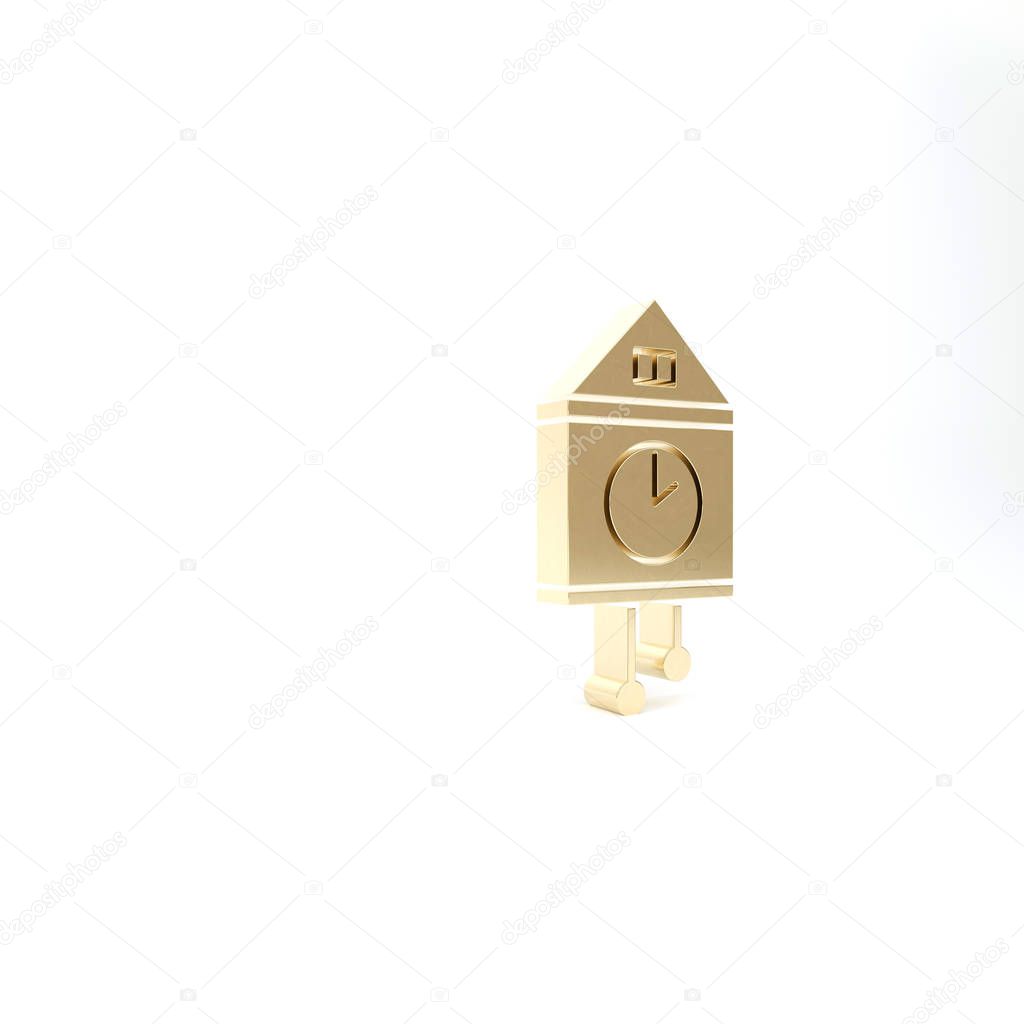 Gold Retro wall watch icon isolated on white background. Cuckoo clock sign. Antique pendulum clock. 3d illustration 3D render