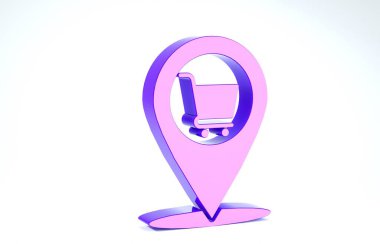 Beyaz arkaplanda izole edilmiş alışveriş arabası simgesi olan mor harita işaretçisi. İğne dükkânı ve alışveriş. Süpermarket sepeti sembolü. 3d illüstrasyon 3d canlandırma