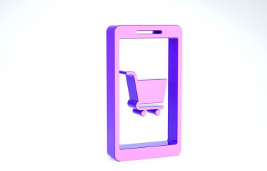Mor cep telefonu ve alışveriş arabası simgesi beyaz arka planda izole edilmiş. İnternetten satın alma sembolü. Süpermarket sepeti sembolü. 3d illüstrasyon 3d canlandırma