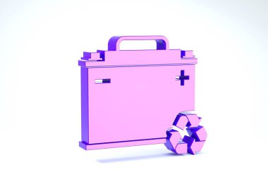 Beyaz arka planda izole edilmiş geri dönüşüm ikonlu mor araba aküsü. Akümülatör bataryası enerji ve elektrik akümülatörü bataryası. 3d illüstrasyon 3d canlandırma