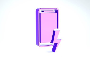 Mor Akıllı Telefon şarj edilen batarya simgesi beyaz arkaplanda izole edildi. Şarjı az bir telefon. 3d illüstrasyon 3d canlandırma