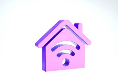 Beyaz arka planda kablosuz ağ ikonu olan Purple Smart evi. Uzaktan kumanda. 3d illüstrasyon 3d canlandırma