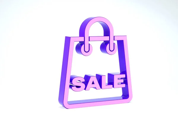 Bolso Purple Shoping con una inscripción Icono de venta aislado sobre fondo blanco. Señal de bolso. Icono de bolsa de mujer. Señal de bolso femenino. 3D ilustración 3D render — Foto de Stock