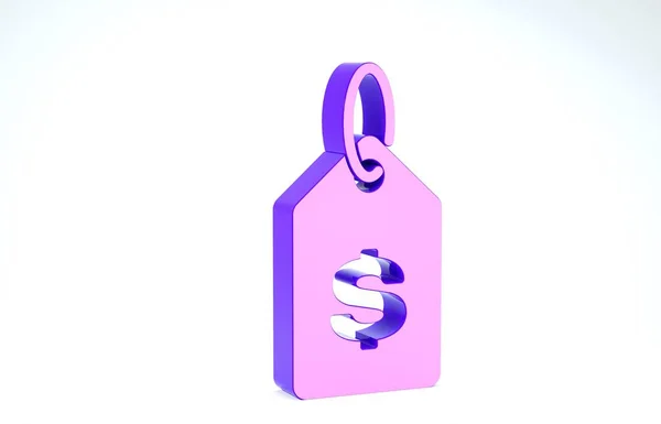 Purpurowa metka z ikoną dolara na białym tle. Odznaka za cenę. Sprzedaż z symbolem dolara. Rabat promocyjny. Ilustracja 3d — Zdjęcie stockowe