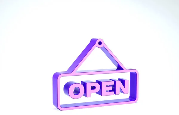 Lila Hängeschild mit Text offene Tür Symbol isoliert auf weißem Hintergrund. 3D Illustration 3D Renderer — Stockfoto