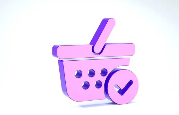Фіолетовий кошик для покупок з значком чекової марки ізольовано на білому тлі. Кошик супермаркетів із затвердженим, підтвердженим, позначеним, завершеним символом. 3D ілюстрація 3D рендеринга — стокове фото