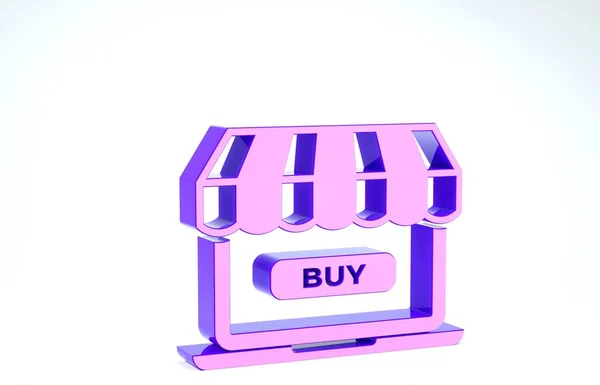 Purple Concepto de compras en línea. Comprar en pantalla icono portátil aislado sobre fondo blanco. Concepto de comercio electrónico, marketing de negocios en línea. 3D ilustración 3D render — Foto de Stock